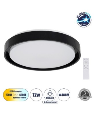 GLOBOSTAR® BARCHETTA 61046-S Μοντέρνο Φωτιστικό Οροφής LED 72W 8306lm 120° AC 220-240V IP20 Ρυθμιζόμενο Λευκό CCT με Χειριστήριο από 2700K έως 6000K Dimmable - Lumileds SMD Chip - Μαύρο Ματ - Μ48 x Π48 x Υ8.2cm - 3 Χρόνια Εγγύηση